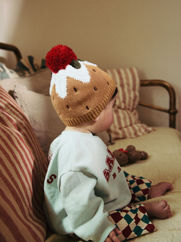 Christmas Pudding Baby Knitted Pom Hat