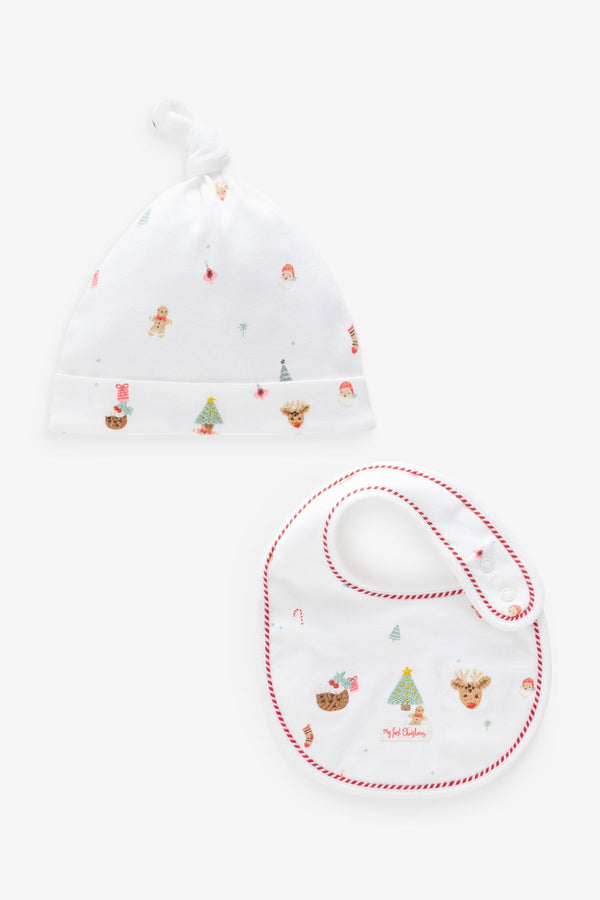 White Baby Christmas 100% Cotton Bib and Hat Set (0-12mths)