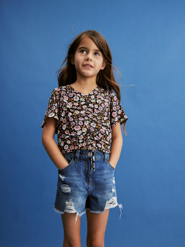 Mid Blue 100% Cotton Frayed Edge Distressed Shorts (3-16yrs)