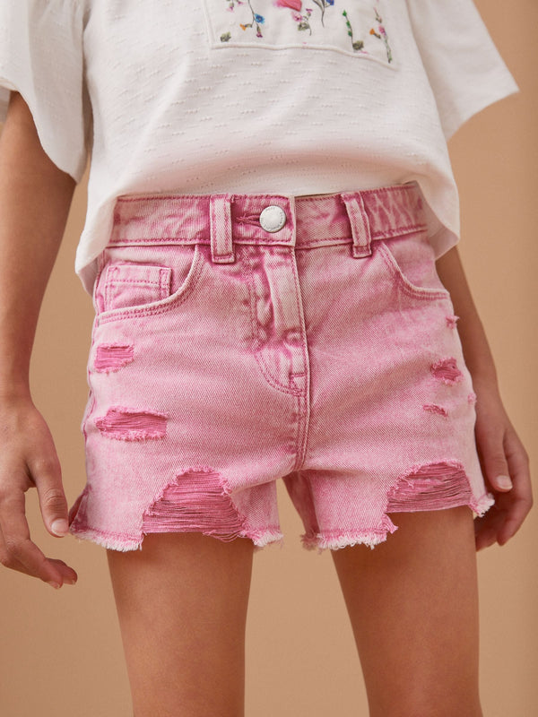 Pink 100% Cotton Frayed Edge Distressed Shorts (3-16yrs)