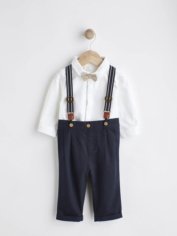 Navy Blue Baby 100% Cotton Shirt Trousers and Braces Set 4 Piece (0mths-2yrs)