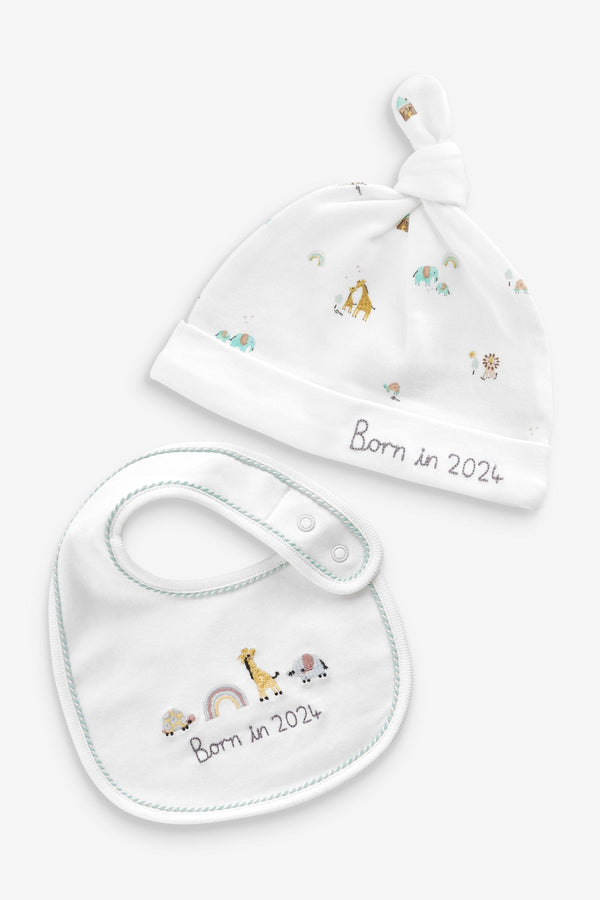 White Born In Bib And Hat 2 Piece Set (0-12mths)