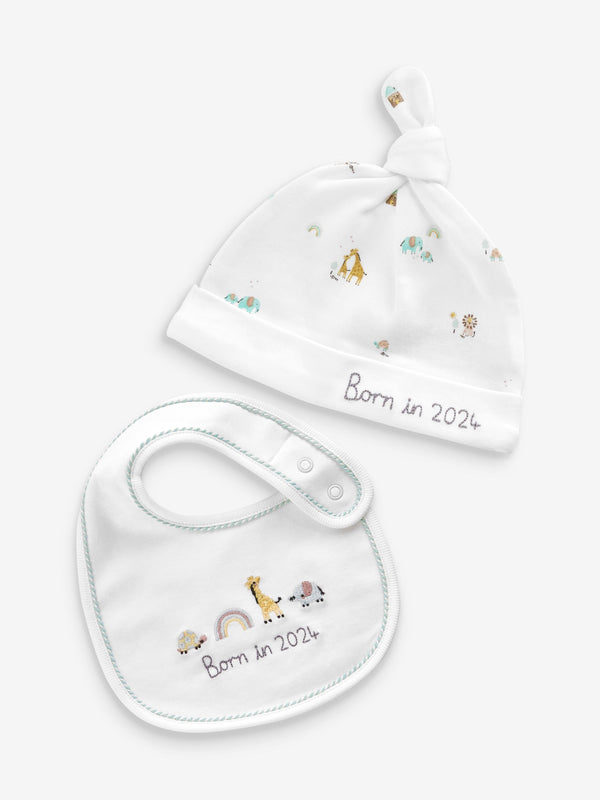 White Born In 2024 100% Cotton Bib And Hat 2 Piece Set (0-12mths)