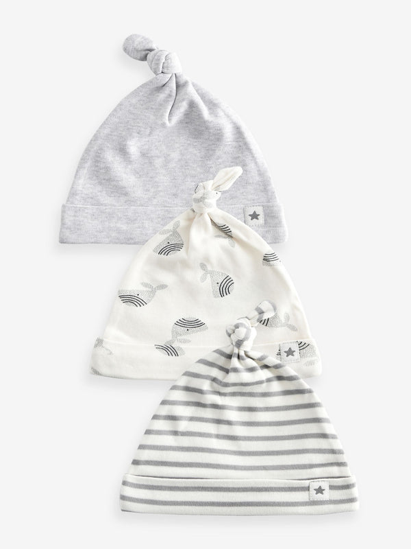 Grey Whale Baby 100% Cotton Tie Top Hats 3 Pack (0-18mths)