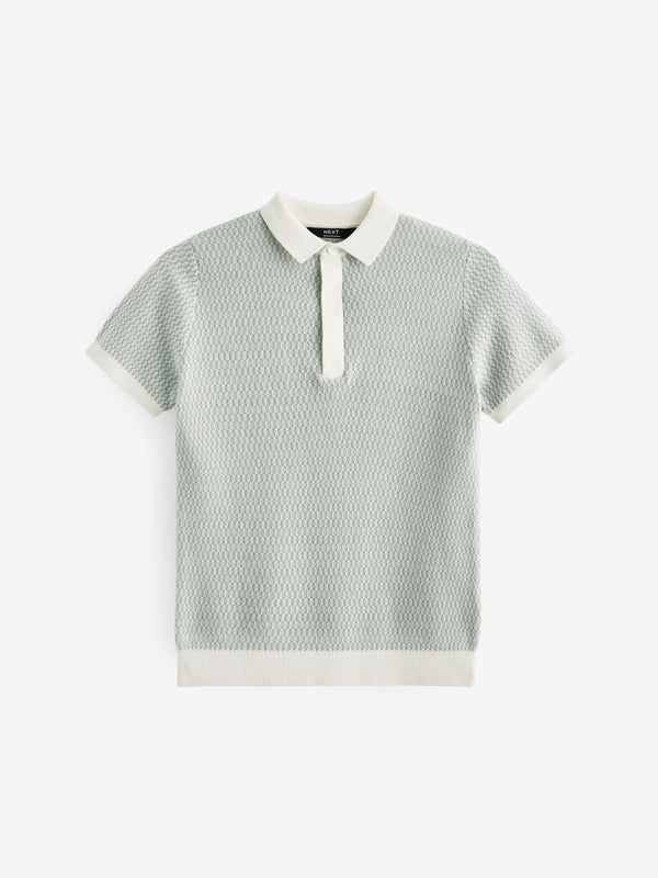 Blue 100% Cotton Short Sleeve Geo Pattern Polo Shirt (3-16yrs)