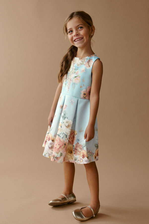 Blue Renaissance Floral Cut Out Detail Scuba Occasion Dress (1.5-16yrs)