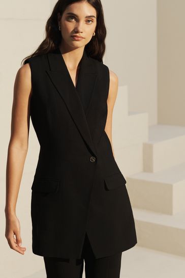 Black Sleeveless Asymmetric Tailored Blazer(immediate)