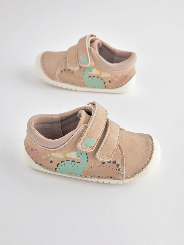 Neutral Dinosaur Scene Wide Fit (G) Crawler Shoes