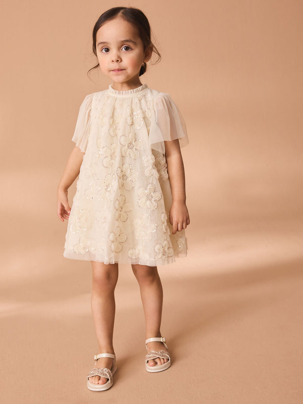 Cream Mesh Flower Print  Dress (3mths-7yrs)