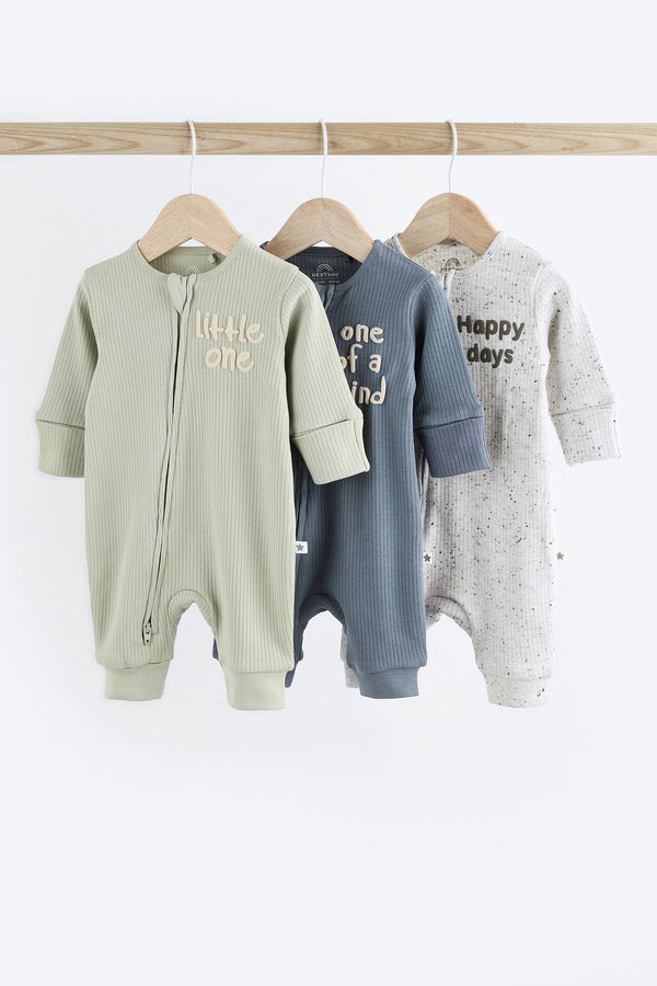 Blue / Grey Slogan Footless Zip 3 Pack Baby Sleepsuits (0-3yrs)