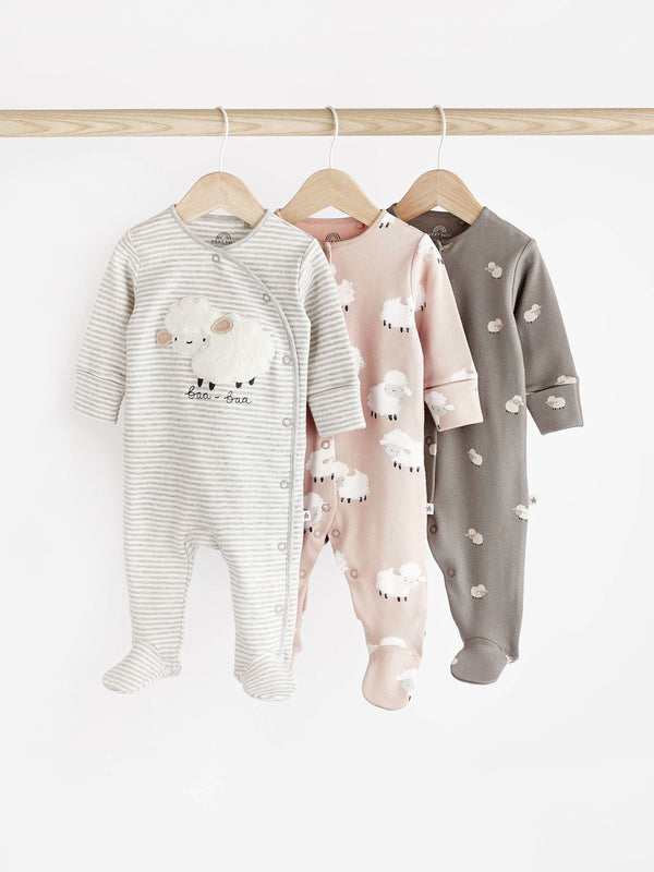 Grey Sheep Baby Delicate Appliqué 100% Cotton Sleepsuits 3 Pack