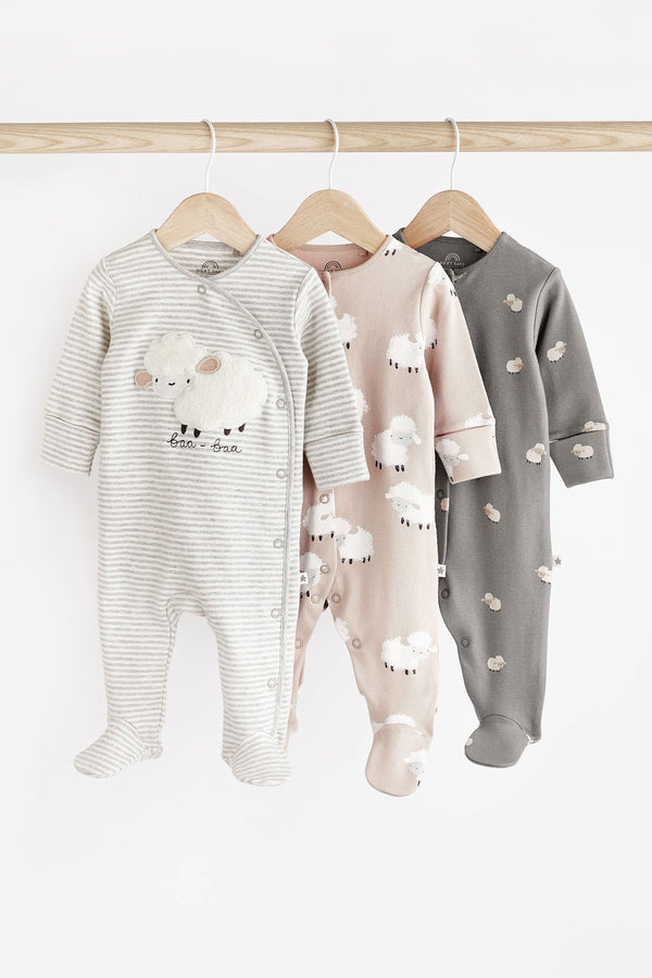 Grey Sheep Baby Delicate Appliqué Cotton Sleepsuits 3 Pack (0-2yrs)