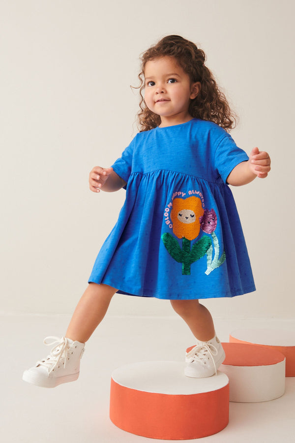 Blue 100% Cotton Sequin Jersey Dress (3mths-7yrs)