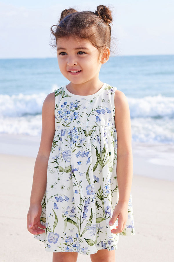 Blue Floral 100% Cotton Sleeveless Jersey Dress (3mths-7yrs)