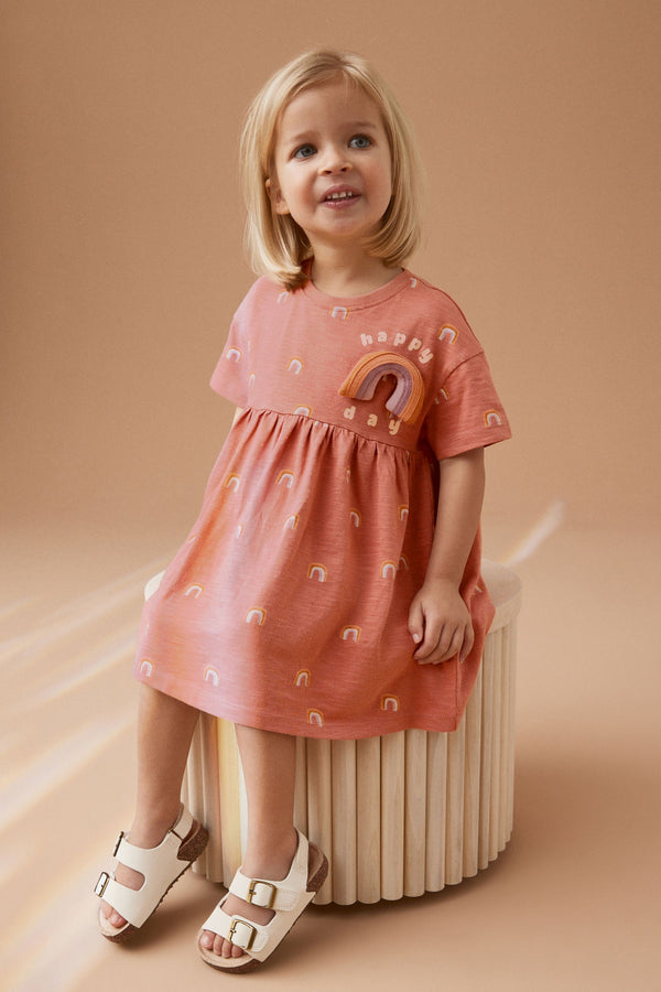 Neutral Rainbow Short Sleeve Cotton Jersey Dress (3mths-7yrs)