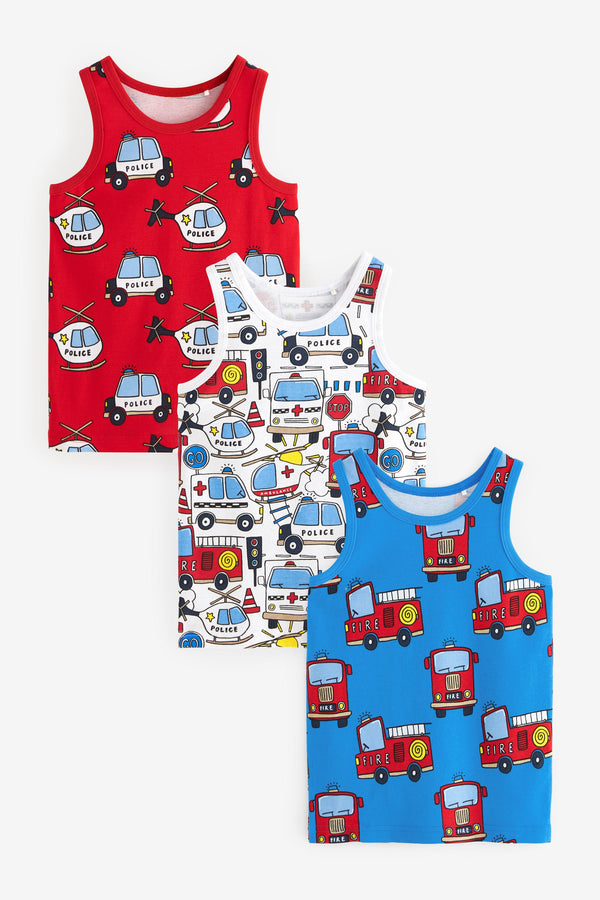 Emergency Vehicle Print 100% Cotton Printed Vests 3 Pack (1.5-8yrs)