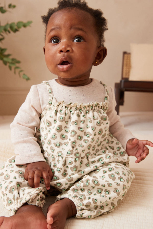 Tan Brown/Cream Leopard Print 100% Cotton Bodysuit & Baby Dungarees Set (0mths-3yrs)