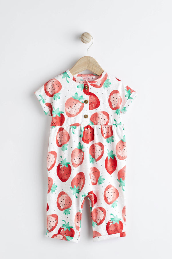 Copy Pink & White Strawberry Print Baby Short Sleeve Wide Leg Jumpsuit