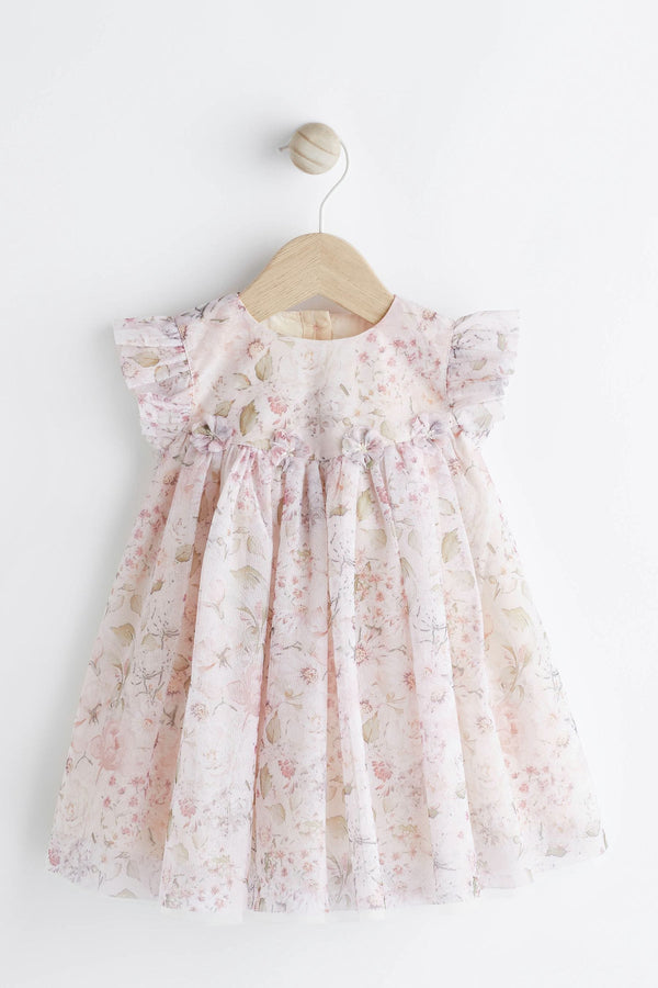 Pink Floral Baby Party Frill Sleeve Dress (0mths-2yrs)