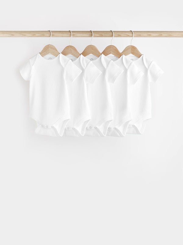 White Rib Short Sleeve Baby Bodysuits 5 Pack