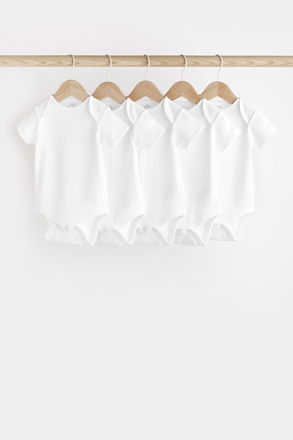 White Rib Baby Short Sleeve Bodysuits 5 Pack