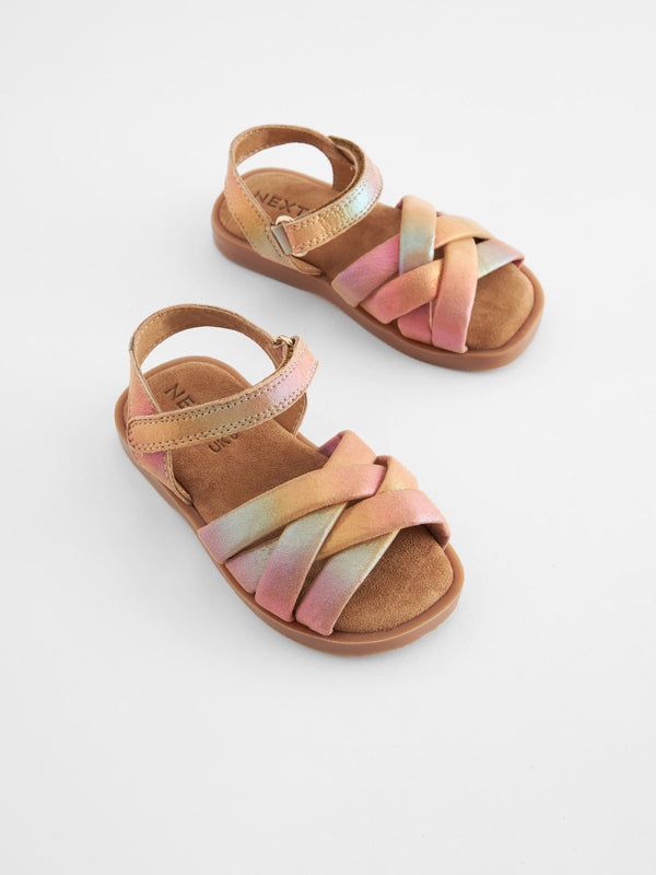 Pink Rainbow Leather Woven Sandals With Touch Fastening