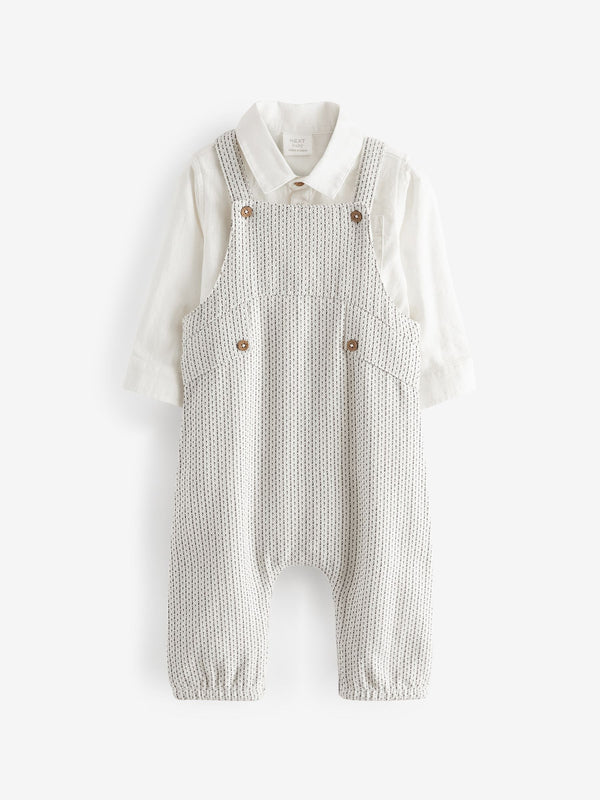 Grey/White Cotton/Linen Mix Baby Woven Dungarees And Shirt Set (0mths-3yrs)