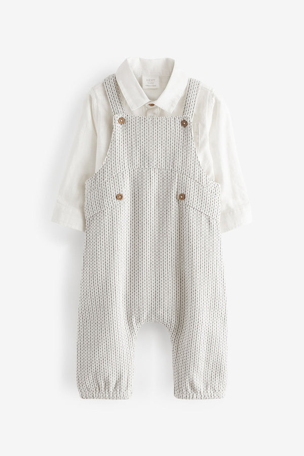 Grey/White Cotton/Linen Mix Baby Woven Dungarees And Shirt Set (0mths-3yrs)