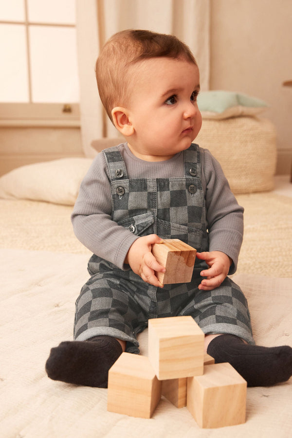 Monochrome Check Baby Denim Dungarees And Bodysuit Set (immediate)