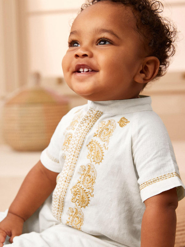 White Occasion Linen Blend Baby Romper (0mths-2yrs)