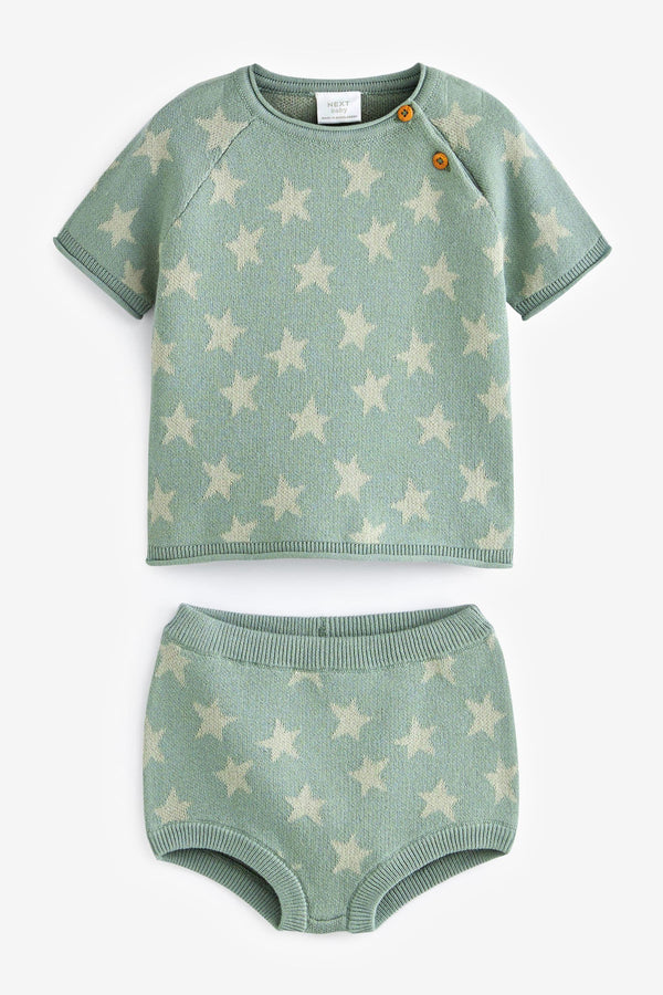 Sage Green 100% Cotton Knitted Baby Top and Bloomer Short Set (0mths-2yrs)