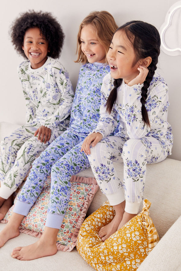 Blue/White Bluebell 100% Cotton Floral Snuggle Pyjamas 3 Pack (9mths-16yrs)