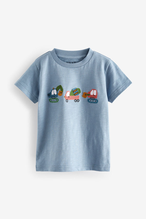 Blue/Green Appliqué Transport 100% Cotton Short Sleeve T-Shirt (3mths-7yrs)