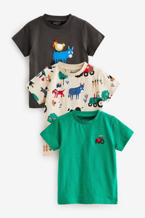 Green/Grey Farm 100% Cotton Short Sleeve Character T-Shirts 3 Pack (3mths-7yrs)