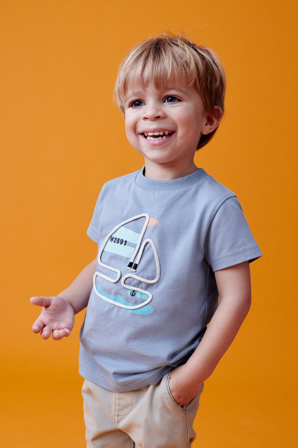 Blue Boat Appliqué Transport 100% Cotton Short Sleeve T-Shirt (3mths-7yrs)