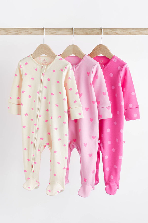 Pink/Cream Baby Two Way Zip Sleepsuits 3 Pack (immediate)