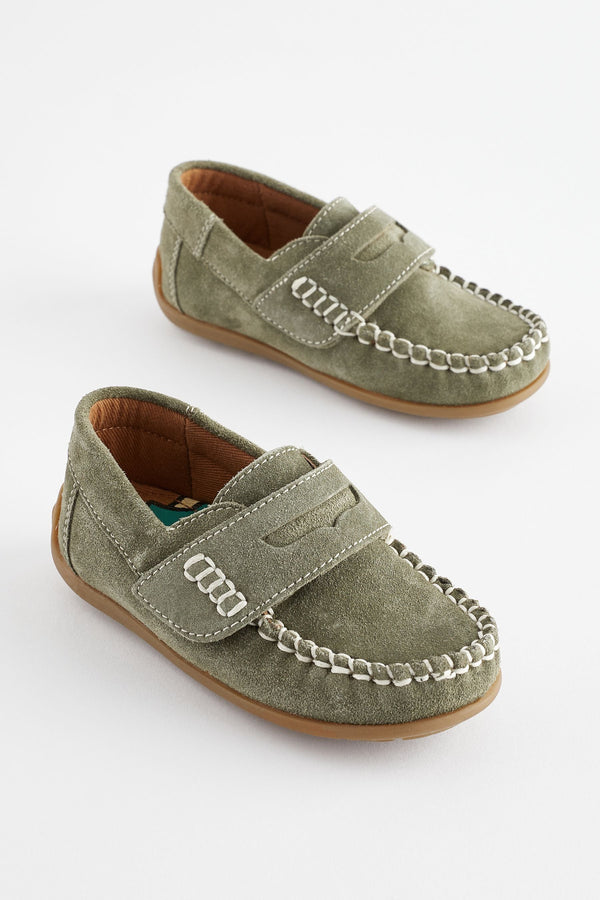 Sage Green Wide Fit (G) Leather Penny Loafers with Touch and Close Fastening