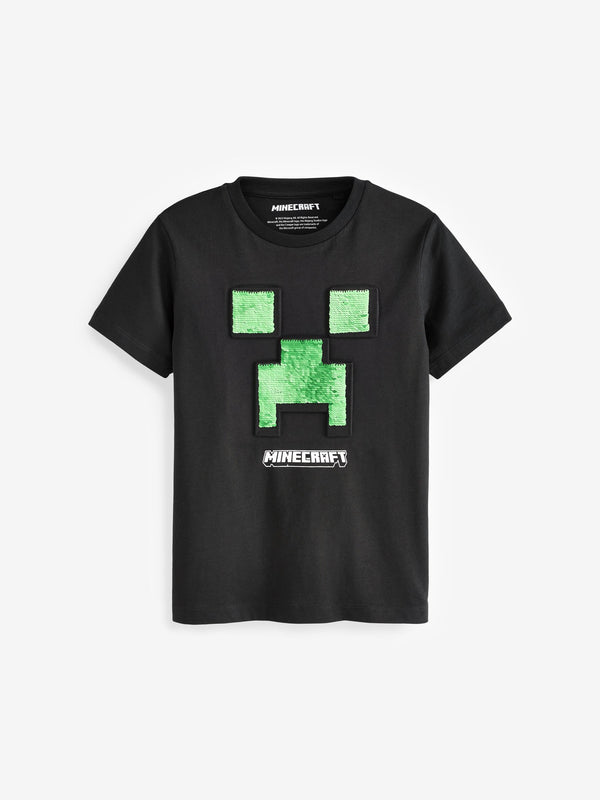 Black/Green 100% Cotton Minecraft Flippy Sequin T-Shirt (4-16yrs)