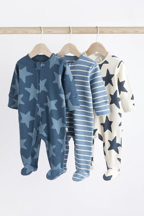 Navy Blue Star Baby Zip Sleepsuits 3 Pack with matching hat & bibs (immediate)