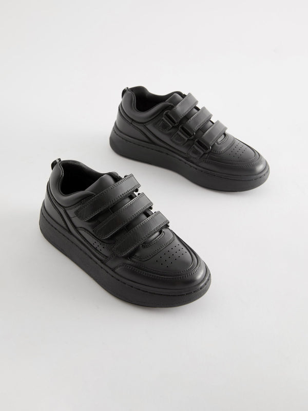 Black Standard Fit (F) School Leather Touch Fastening Strap Shoes