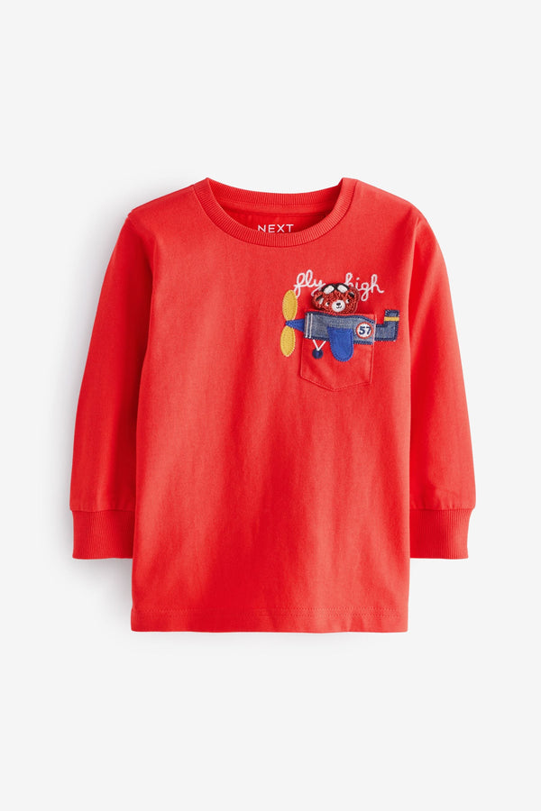 Red Plane Pocket 100% Cotton Long Sleeve Interactive T-Shirt (3mths-7yrs)