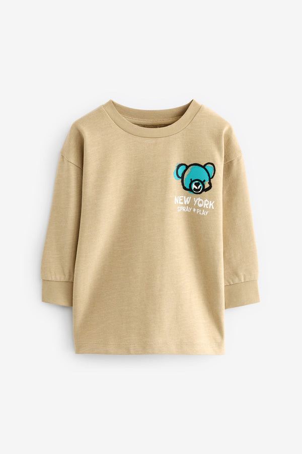 Neutral Bear Print Long Sleeve Graffiti 100% Cotton T-Shirt (3mths-7yrs)