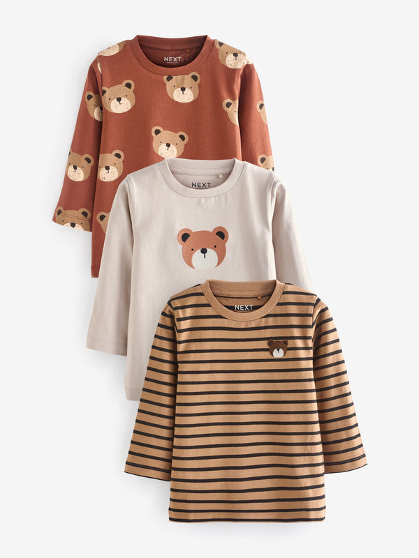 Brown 100% Cotton Long Sleeve Animal Print Character T-Shirts 3 Pack (3mths-7yrs)