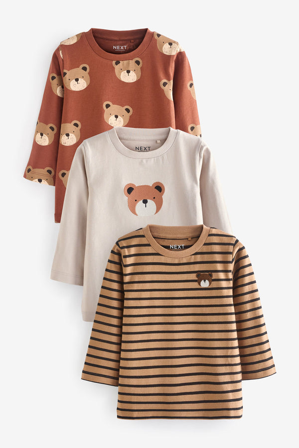 Brown 100% Cotton Long Sleeve Animal Print Character T-Shirts 3 Pack (3mths-7yrs)