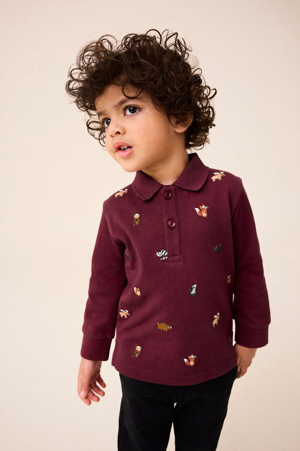 Burgundy Red Long Sleeve 100% Cotton All-Over Embroidered Polo Shirt (3mths-7yrs)