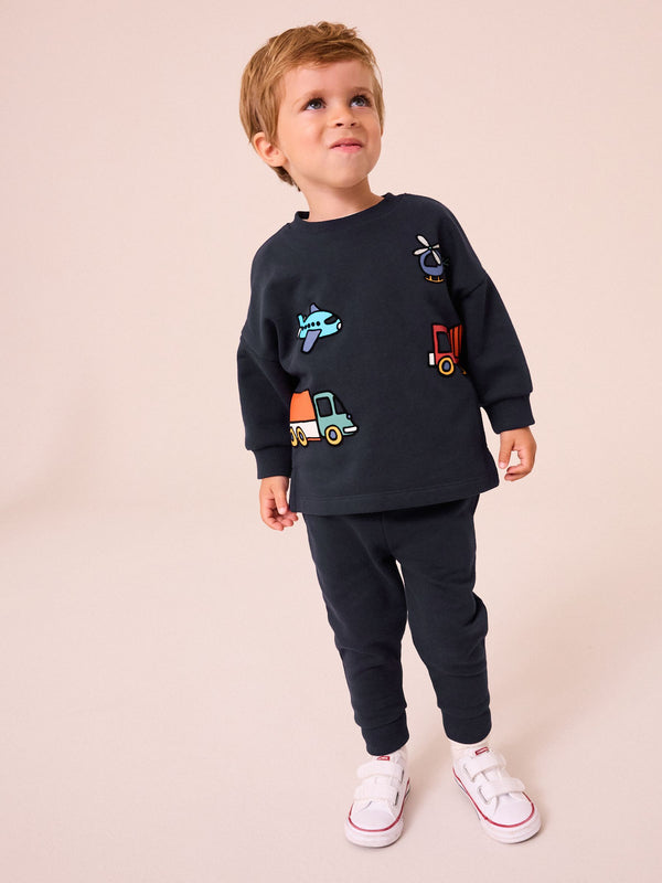 Navy Transport Long Sleeve 100% Cotton Top and Joggers Set (3mths-7yrs)