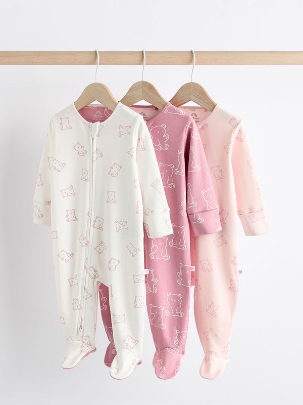 Pink Baby 100% Cotton Printed 3 Pack Sleepsuits (0-2yrs)