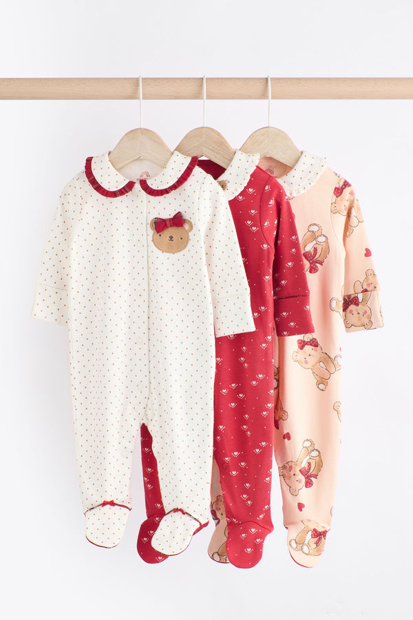 Red/Cream Christmas Bear Baby Sleepsuits 3 Pack (0mths-2yrs)