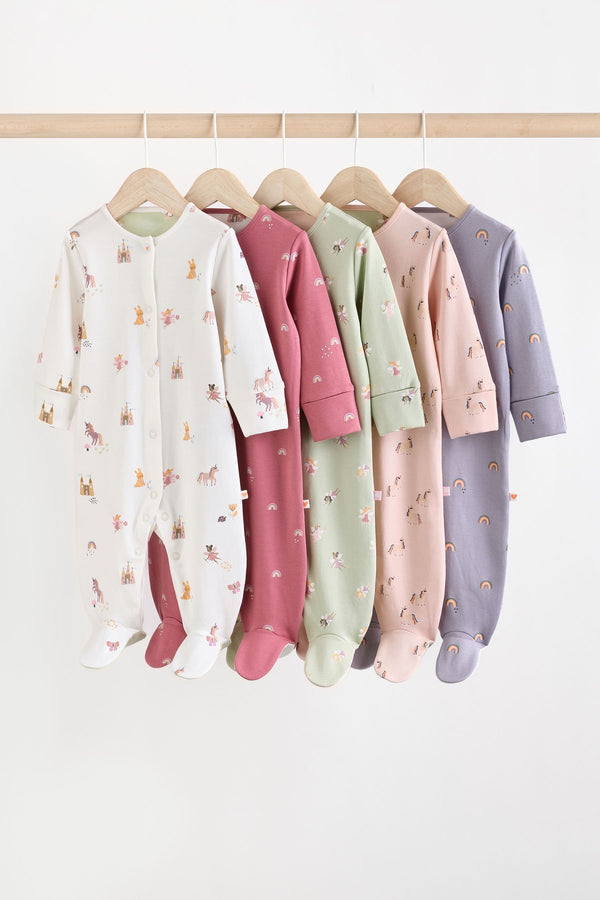 Pastel Character Baby Footed 100% Cotton Sleepsuits 5 Pack (0-2yrs)