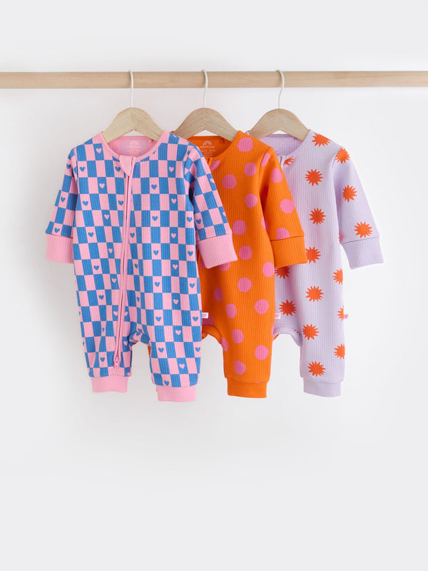 Bright 100% Cotton Two Way Zip Baby Footless Sleepsuit 3 Pack (0mths-2yrs)